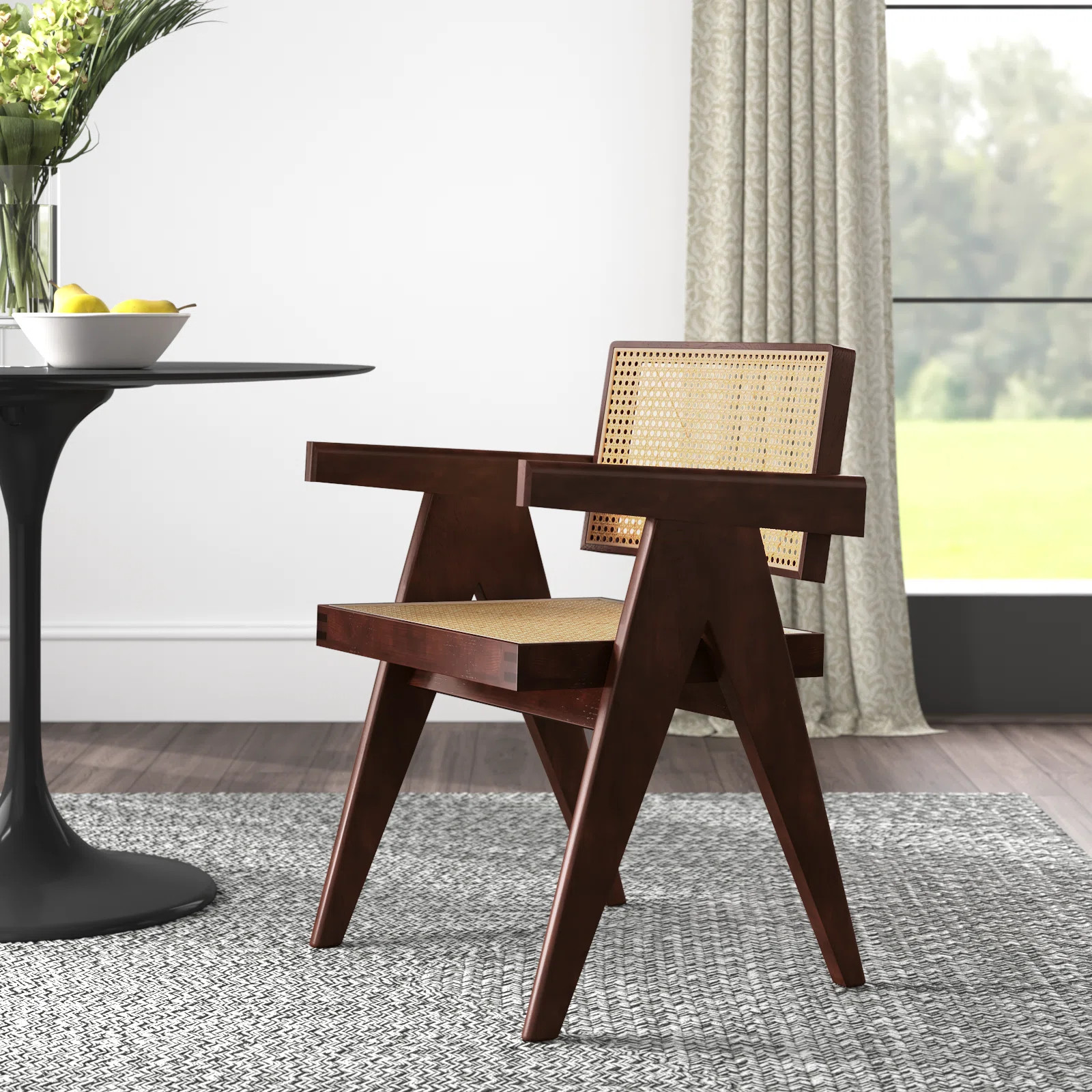 Mid-Century Solid Wood Rattan Dining Chair Armchair with Reinforced Beams | Wayfair North America