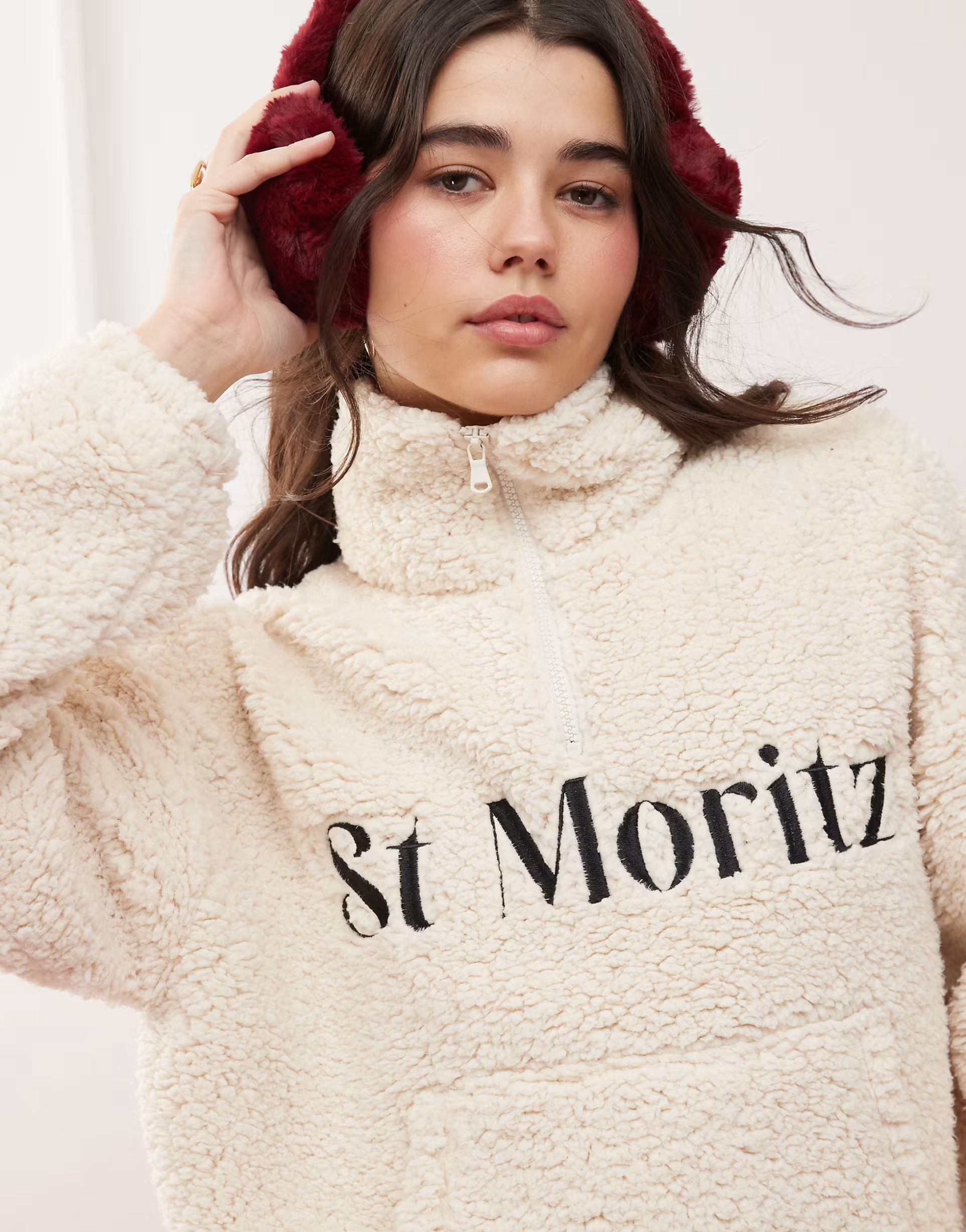 Miss Selfridge St Moritz teddy half zip top in ivory | ASOS (Global)