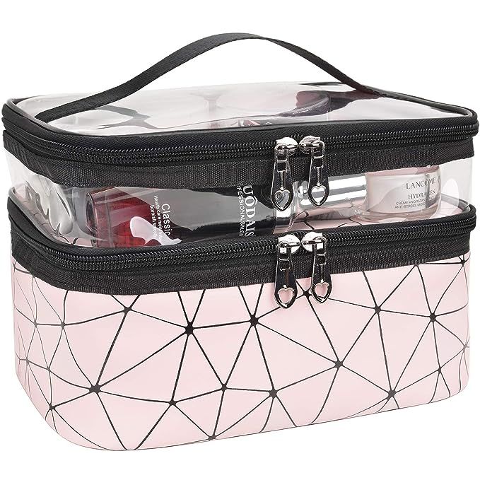 MKPCW Makeup Bags Double layer Travel Cosmetic Cases Make up Organizer Toiletry Bags (Pink) | Amazon (US)