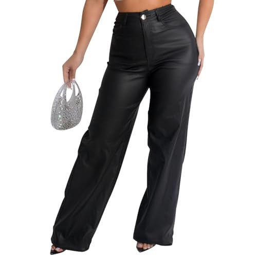 Leather Pants for Women, Faux Leather Leggings Black High Waisted Straight Leg Leather Pants Thin Small | Amazon (US)