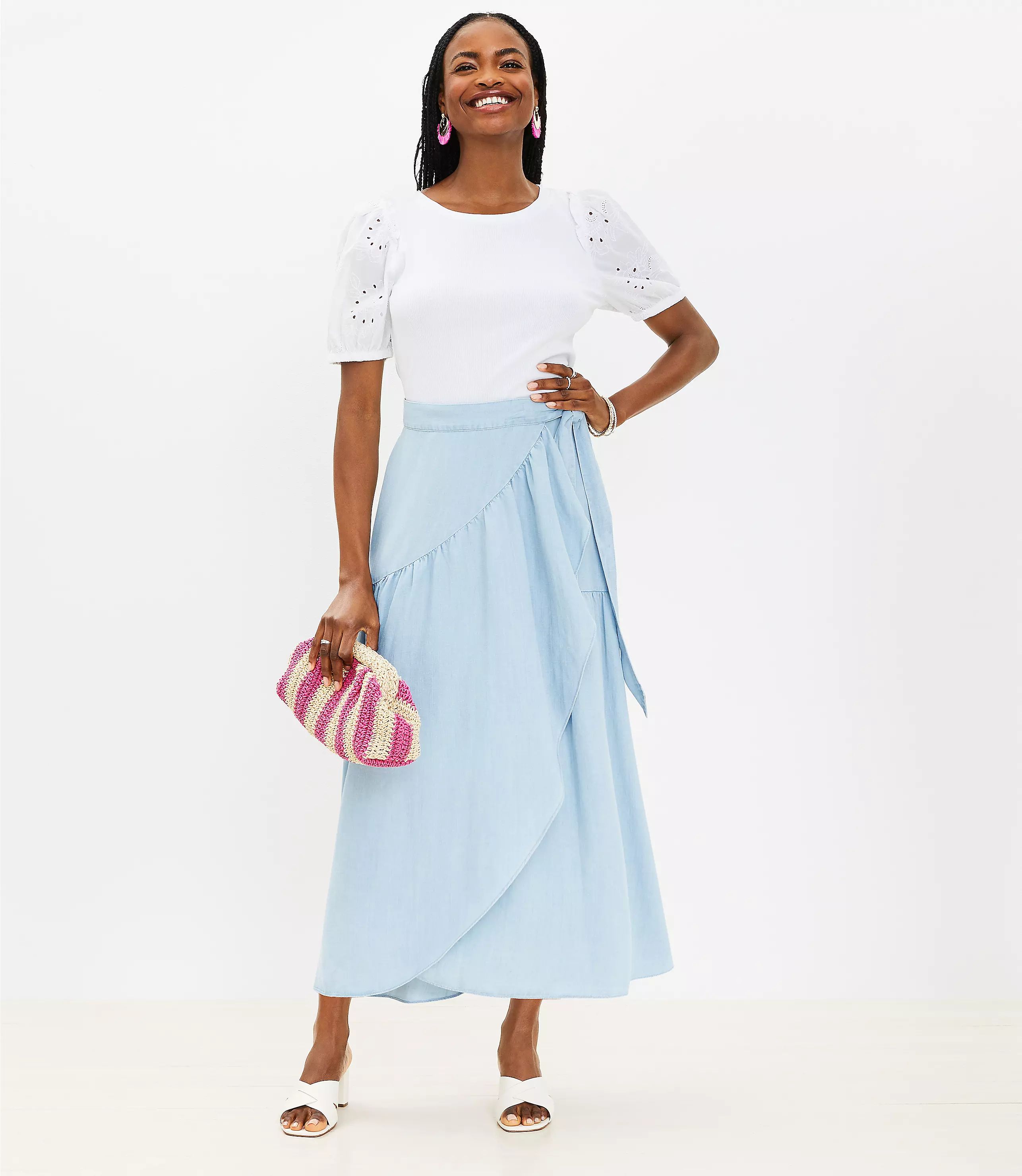 Chambray Ruffle Wrap Maxi Skirt | LOFT