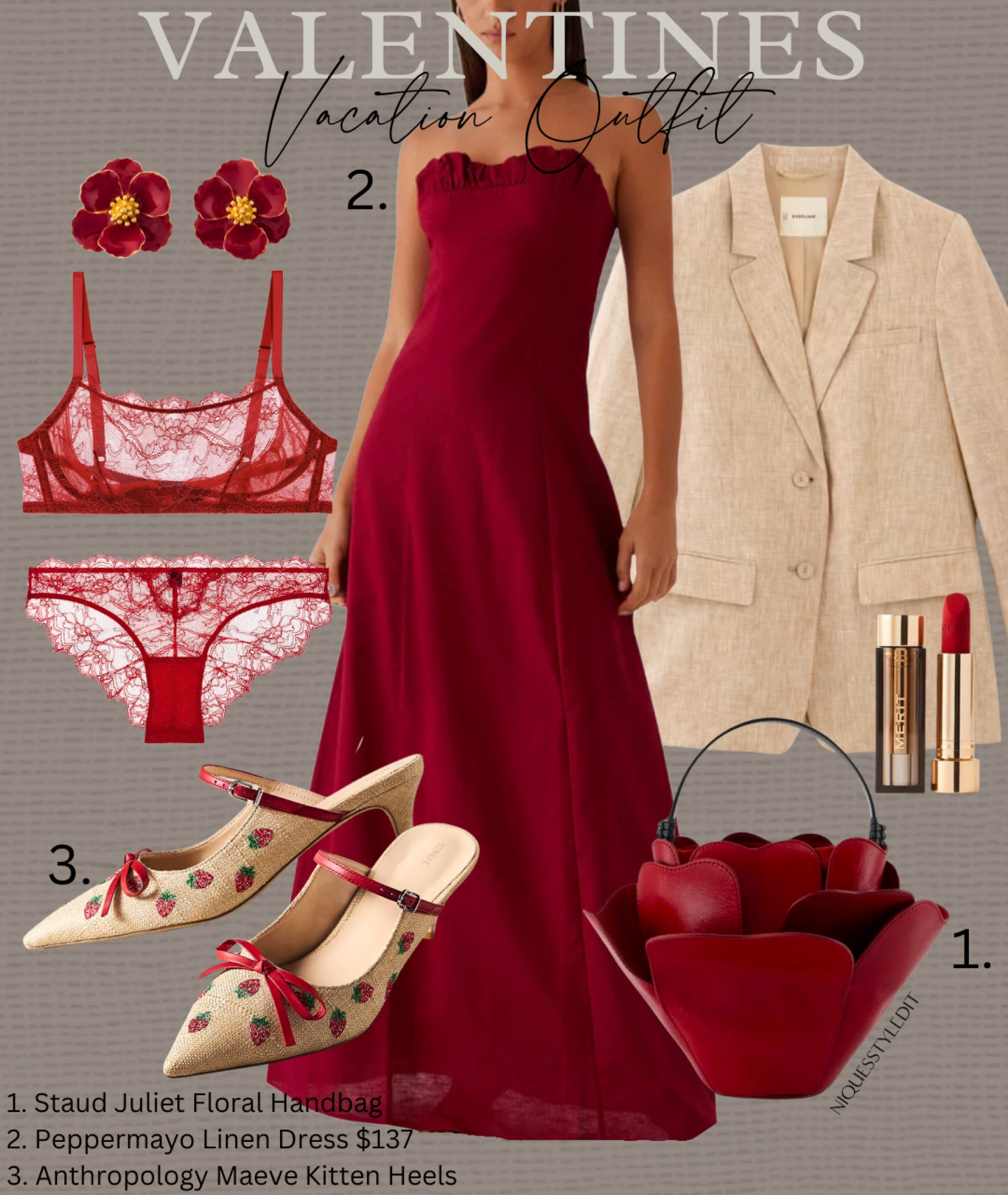 Valentines Day Outfit perfect for a vacation date night. This elegant outfit is perfect for a special Valentine’s Day Date Night outfit while you’re somewhere hot. 
These Anthropology Strawberry kitten heels are so cute and classy, while the Staud Juliet Handbag ads flare, an the Peppermayo Dress is stunning and sophisticated and the linen fabric will keep you cool paired with a chic linen blazer to wear over your shoulders in the evening. Don’t forget your Valentine’s Day lingerie pieces and this red lace lingerie set is beautiful.

I’ve also linked a few other options to give you the same look, if this style of dress isn’t your style. SHOP THE LOOKS HERE! 

#valentinesdayoutfit #datenightoutfit #vacationdateoutfit #reddress #valentinesdress

Red dress, linen vacation outfit, flower handbag, red handbag, vacation handbag, flower earrings, red earrings, red lace bra, red lace panties, merit lipstick, red lipstick, Valentine’s Day must haves, what to wear for Valentine’s Day, 

#LTKstyletip #LTKdatenight #LTKbag
