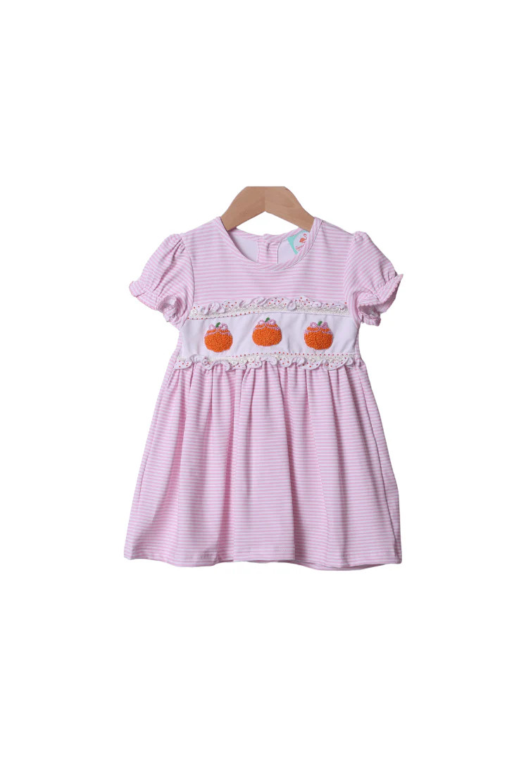 French Knot Pink Stripe Pumpkin Dress | The Smocked Flamingo