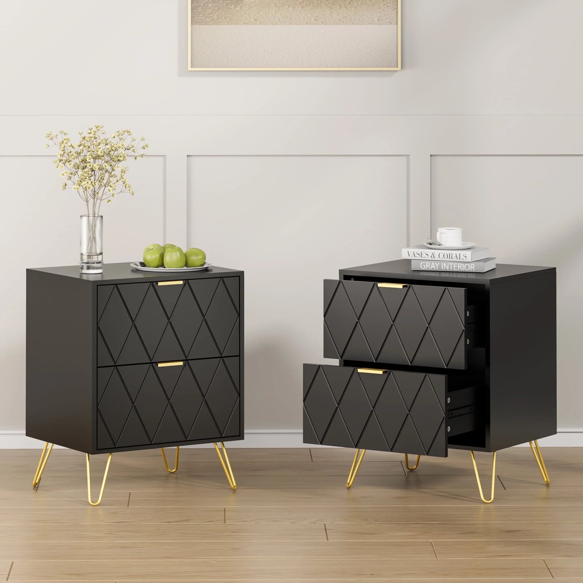 Eclife Set of 2 Black Nightstand End Table 2 Drawers Dressers Modern Mid Century Accent Bedside T... | Walmart (US)