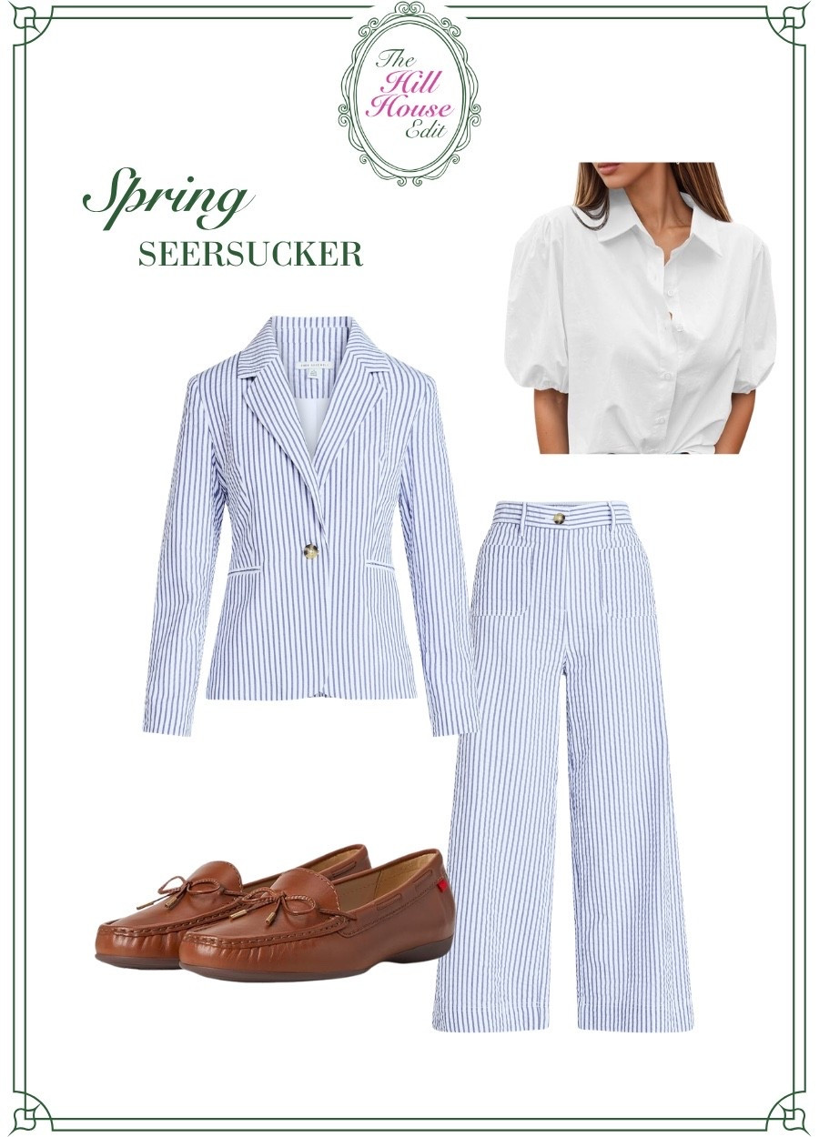 An easy, elevated take on classic Southern style 🤍 A blue and white striped seersucker set with loose cropped pants and a matching jacket, layered over a white puff sleeve button-down. Finished with timeless brown loafers for that Ralph Lauren–inspired, collected feel.

Polished, effortless, and perfect for spring days.

#LTKStyle #LTKFinds #SpringStyle #ClassicStyle #TimelessStyle #RalphLaurenInspired #SouthernStyle #PreppyStyle #EffortlessStyle #EverydayOutfit