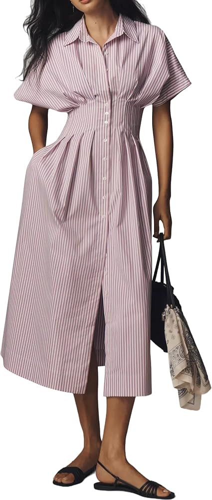 Women Casual Striped Button Down Pleated Shirt Maxi Dress Summer Lapel V Neck Short Sleeve Empire... | Amazon (US)