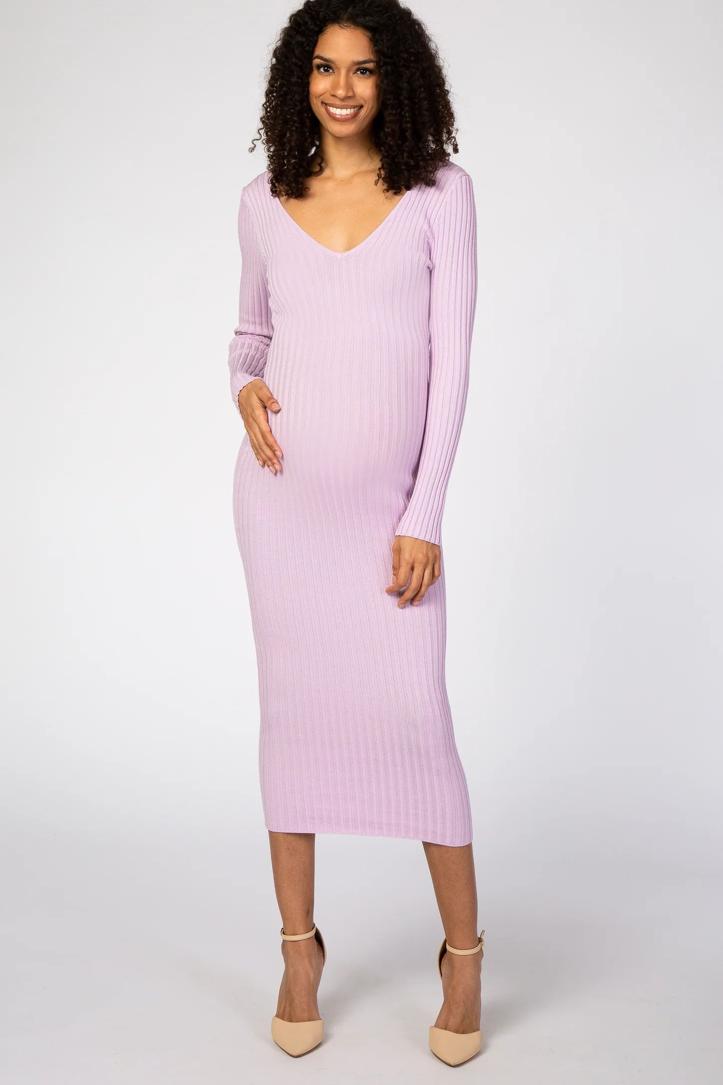 Pink V-Neck Long Sleeve Fitted Maternity Maxi Dress | PinkBlush Maternity