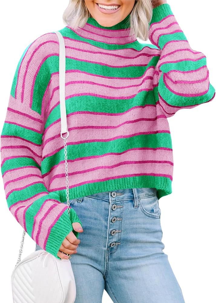 Saodimallsu Womens Striped Color Block Sweaters Turtleneck Lantern Sleeve Cozy Fuzzy Knit Colorfu... | Amazon (US)