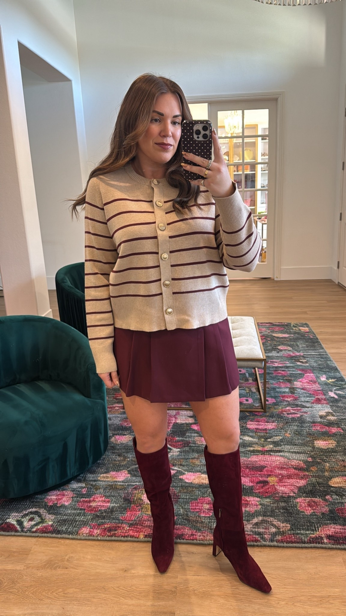 curvy midsize Thanksgiving outfit! wearing size large in striped cardigan and size xl in burgundy skort 

#LTKMidsize #LTKFindsUnder50 #LTKHoliday