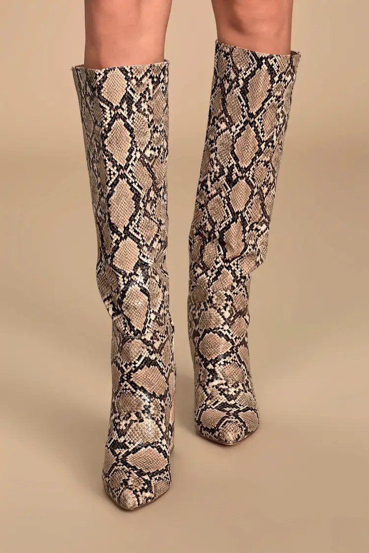 Katari Tan Snake Pointed-Toe Knee High Boots | Lulus (US)