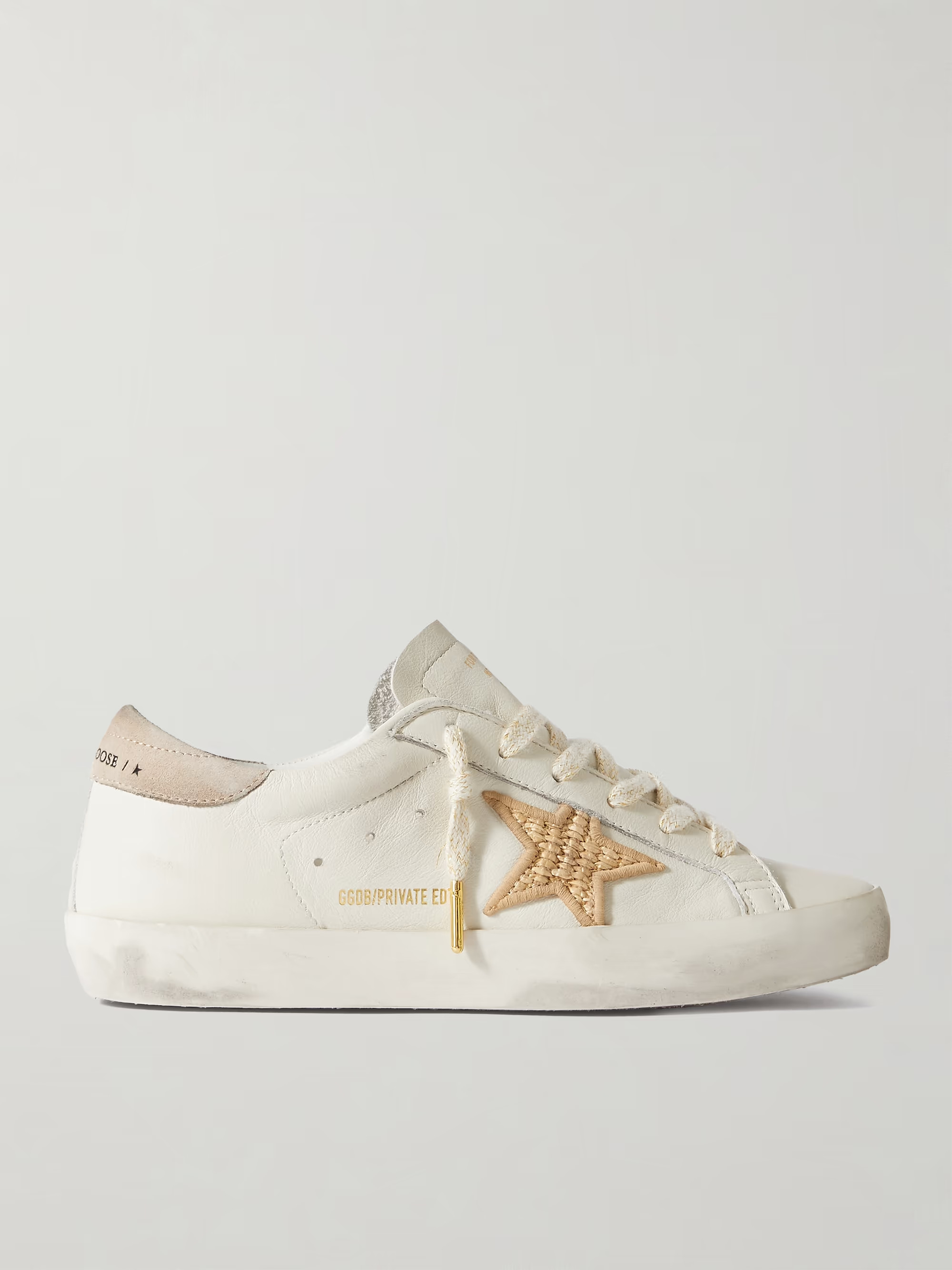 Super-Star raffia-trimmed distressed leather sneakers | NET-A-PORTER (US)