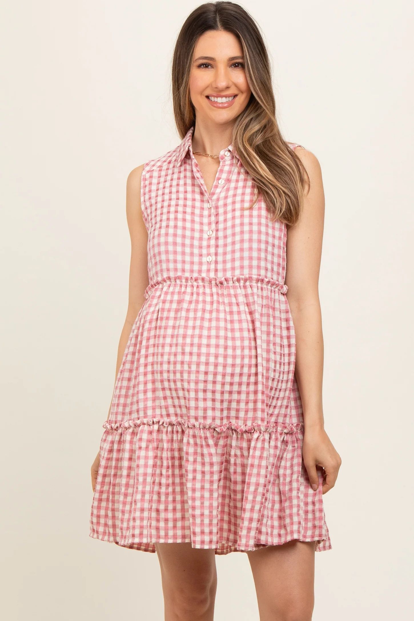 Pink Gingham Button Front Collared Maternity Dress | PinkBlush Maternity