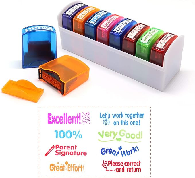 Reliancer Colorful Self-Inking Motivation School Grading Teacher Stamp Set and Tray (8-Piece) | Amazon (US)