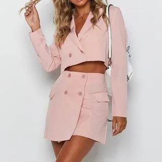Set: Double-Breasted Cropped Blazer + Mini Skirt | YesStyle Global