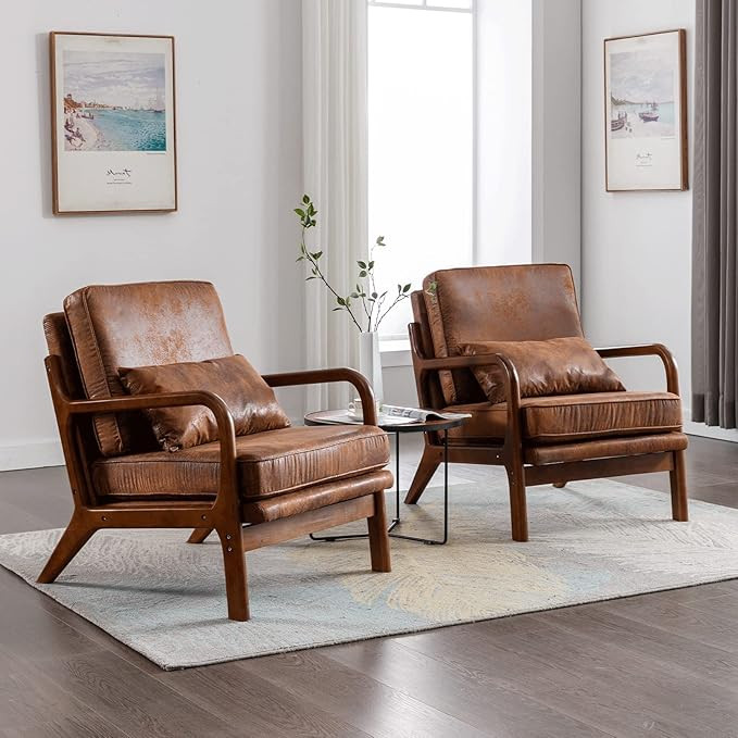 Mid Century Modern Accent Chair Set of 2 Living Room- Comfy Solid Wood Arm Chair with Lumber Pill... | Amazon (US)