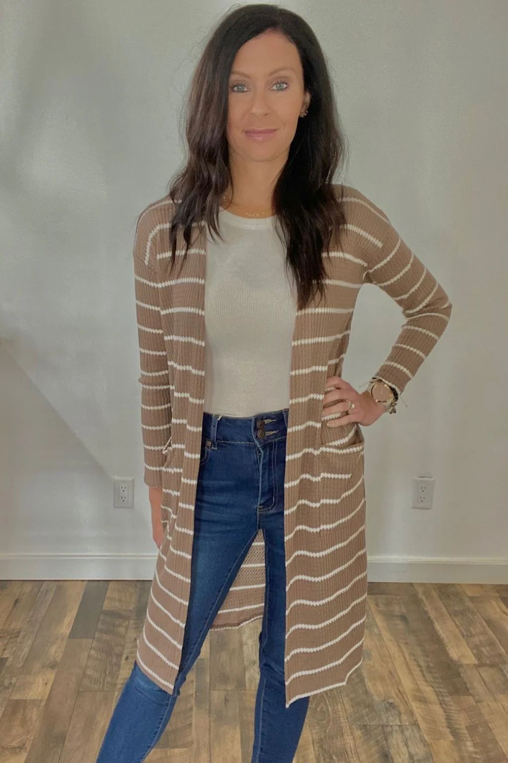 Mocha Striped Thermal Cardi | 800 Threads Boutique