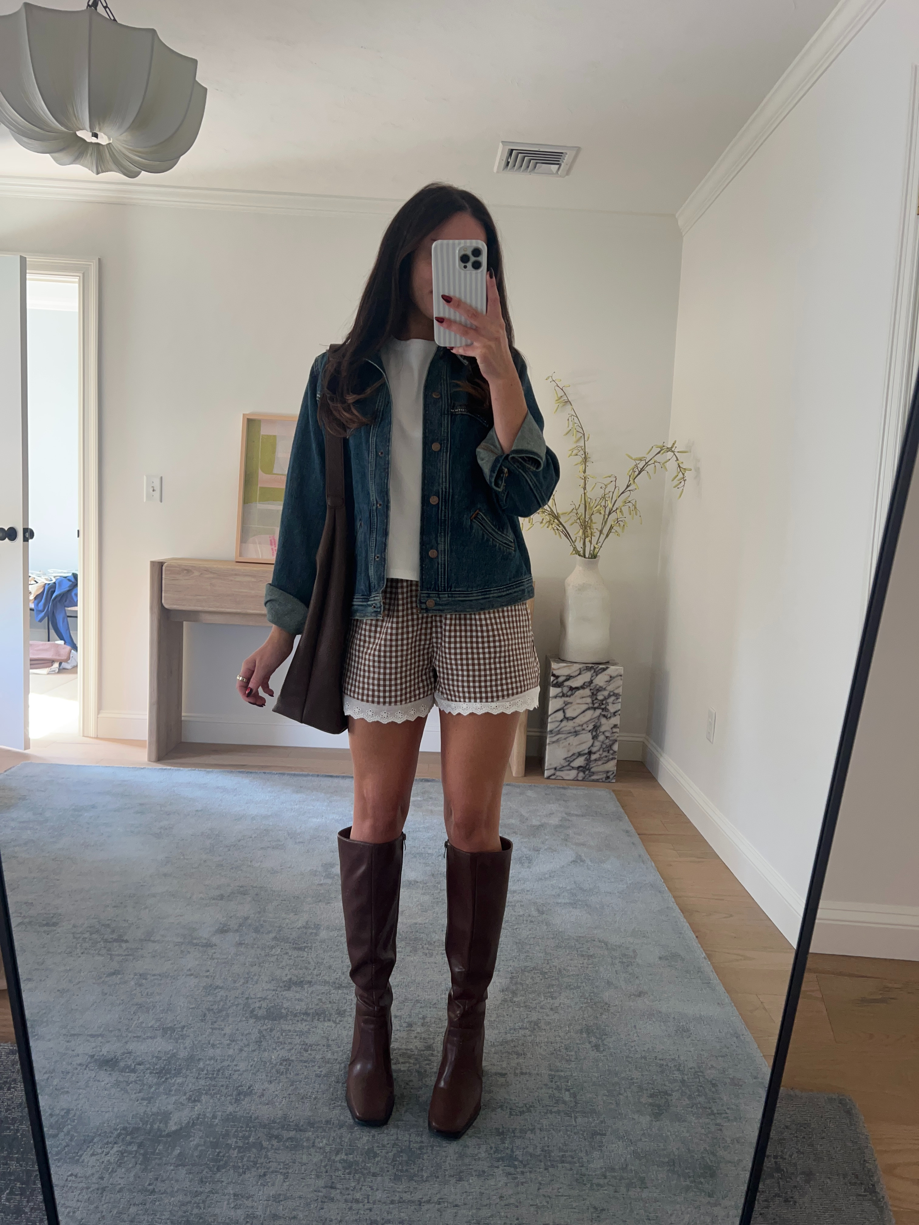 Casual look for fall! 🍂 Wearing S in top, lighter denim jacket in XS, darker in M, shorts in XS Boots true to size 

 #LTKSeasonal