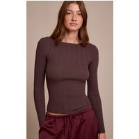 Chocolate Fine Knit Boat Neck Rib Knit Top | PrettyLittleThing UK