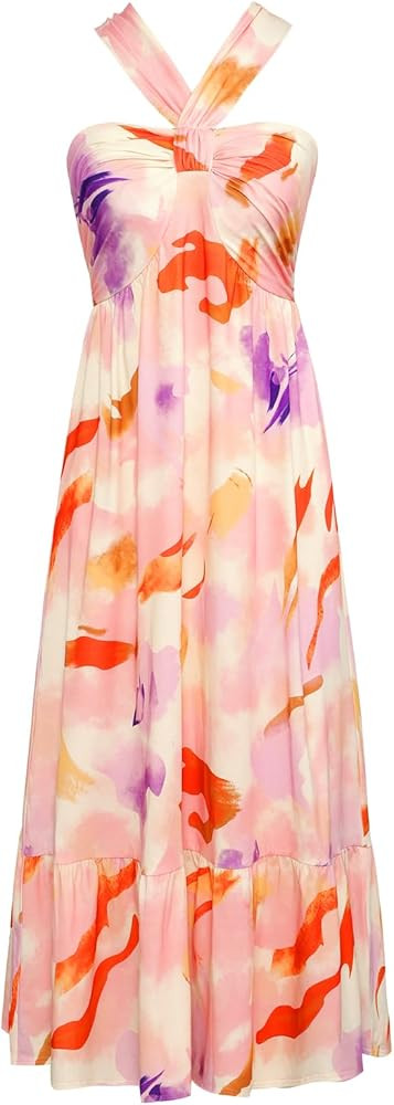 GRACE KARIN 2024 Women's Criss Cross Halter Neck Sleeveless Summer Floral Print Flowy A Line Maxi... | Amazon (US)