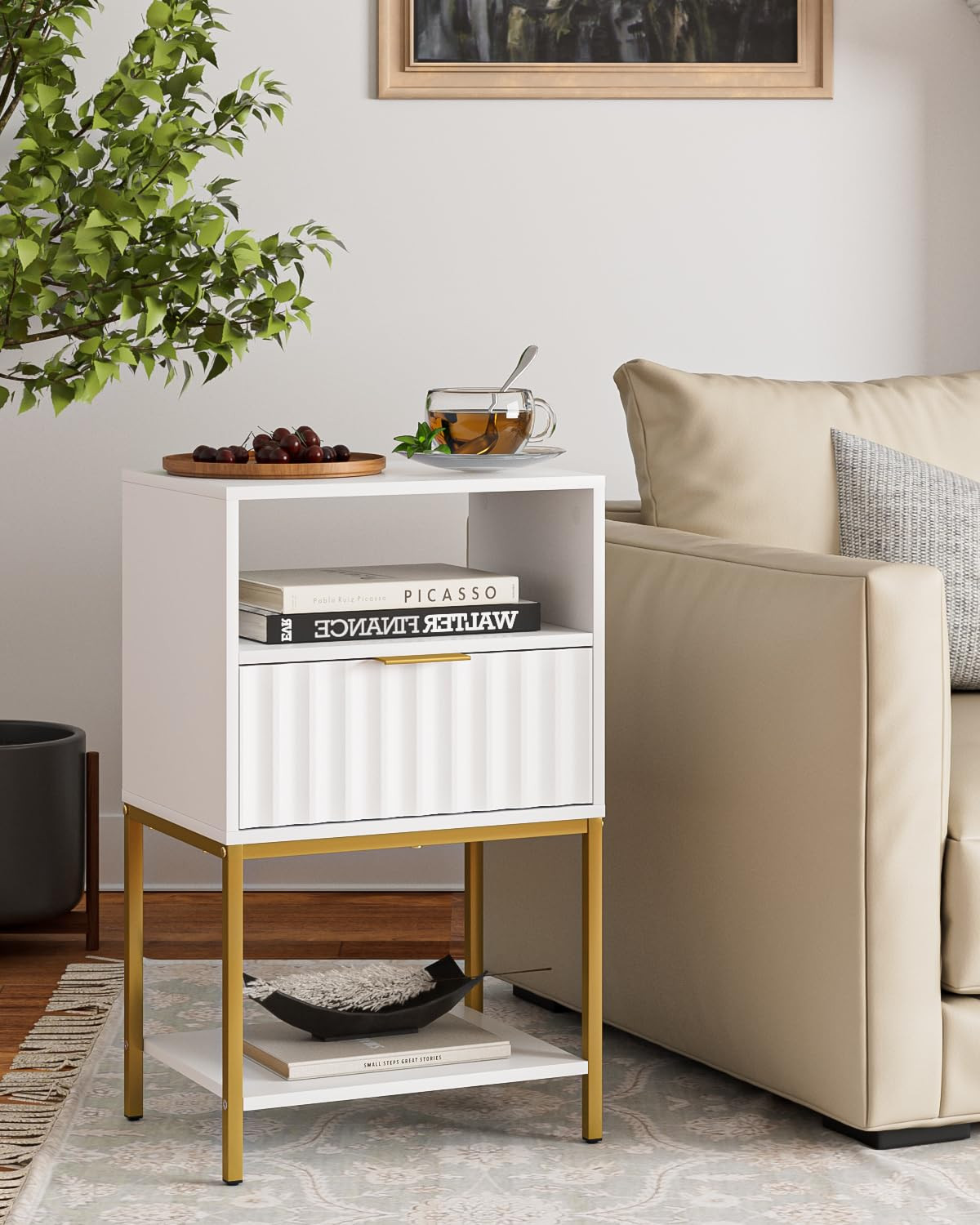 Aienvey Nightstand,MordenBedside Table with Gold Frame,White Night Stand,Bedside Furniture,3-Tier... | Amazon (US)