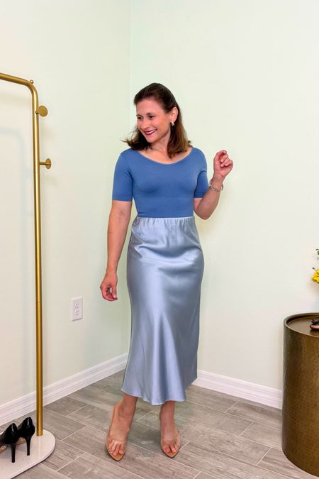 Gorgeous satin midi skirt from Amazon The Drop that's petite friendly. I'm wearing XS.

My bodysuit is from Shapermint and isn't linkable. Comment if you need the link.

I'm 4'10" and 115#; bust 32B, waist 26, hips 36

#LTKStyleTip #LTKWorkwear #LTKOver40
