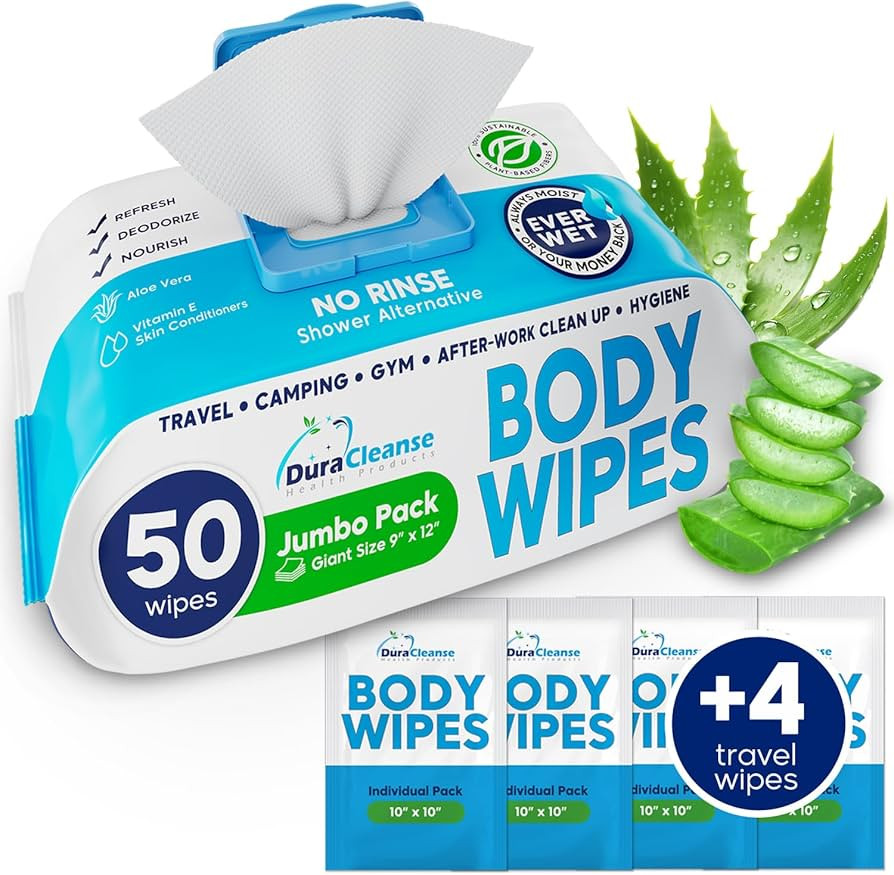 XL Body Wipes for Adults Bathing No Rinse - 50 Ct. + 4 Travel Shower Wipes - 9"x12" Thick Cleansing Bath Wash Wipes for Elderly Incontinence - Disposable Washcloths, Camping Essentials for Women & Men | Amazon (US)