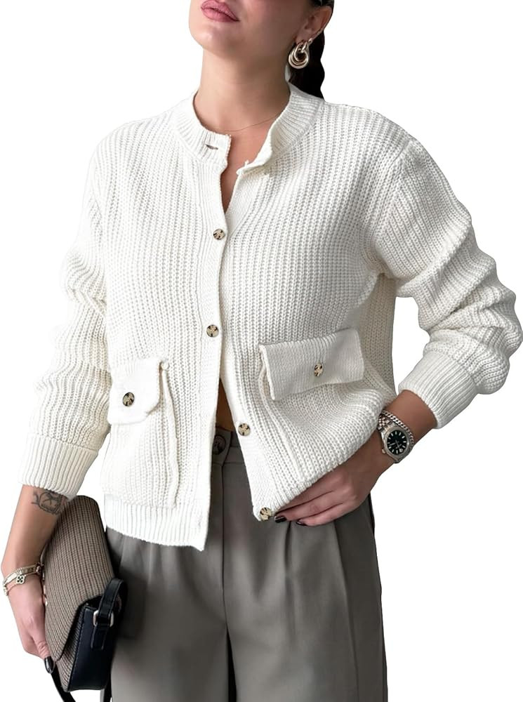 EXLURA Womens 2025 Knit Cardigan Sweaters Fall Winter Crewneck Open Front Button Jacket Fashion O... | Amazon (US)