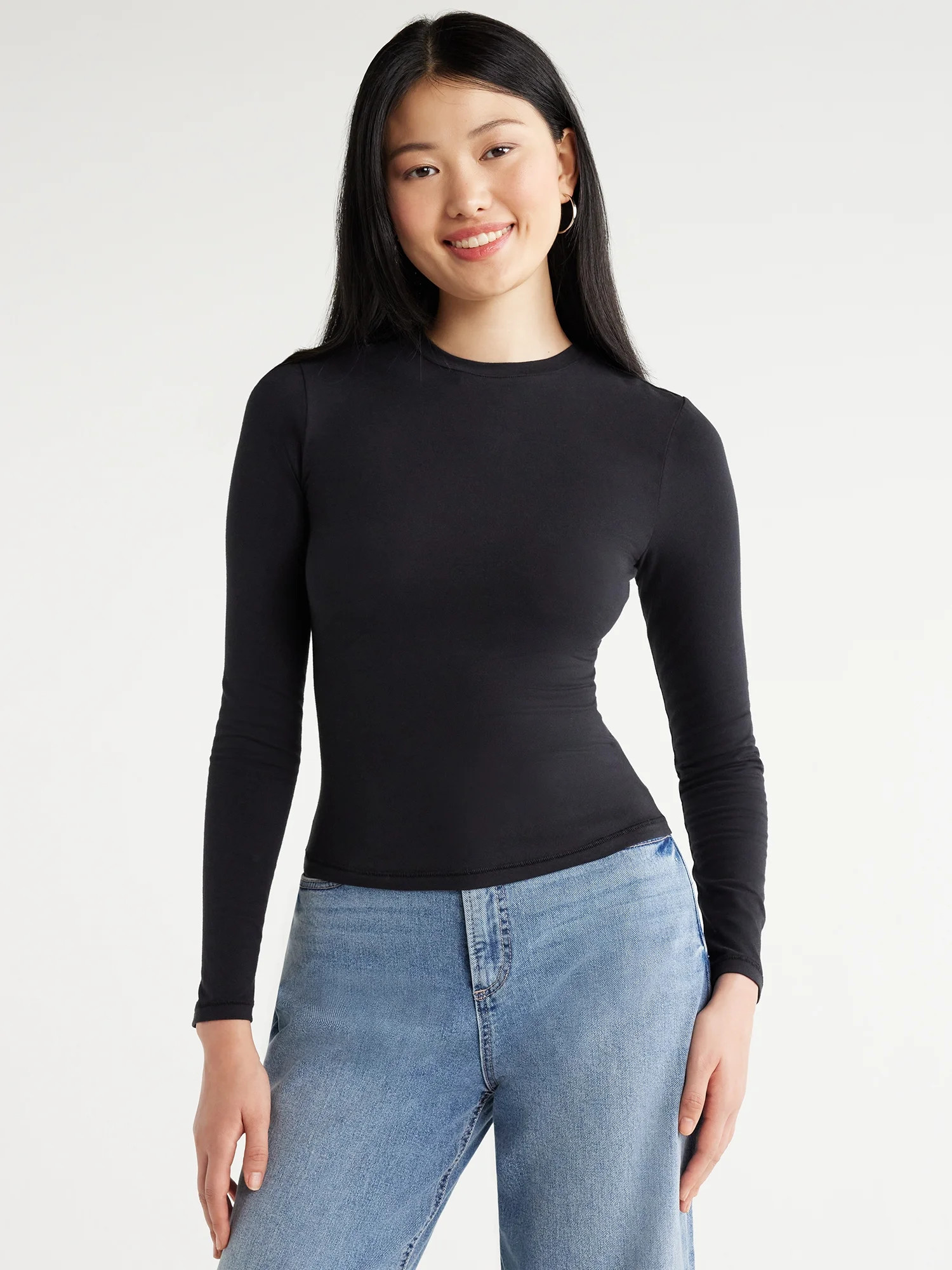 Scoop Women's Stretch Cotton Fitted Baby Tee with Long Sleeves, Sizes XS-XXL | Walmart (US)