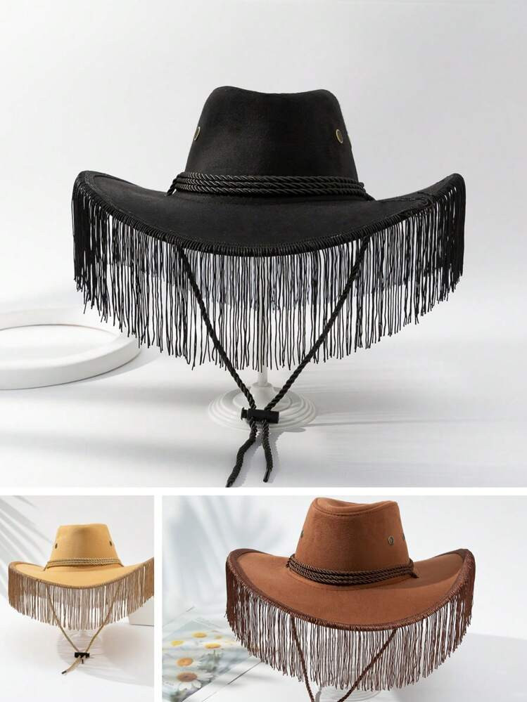 Boho 1pc Women's Fringe Western Cowboy Hat, Outdoor Sun Protection, Suitable For Rave Outfits, Festivals, Dance Shows Cowboy Hat Cowgirl Hat Halloween | SHEIN