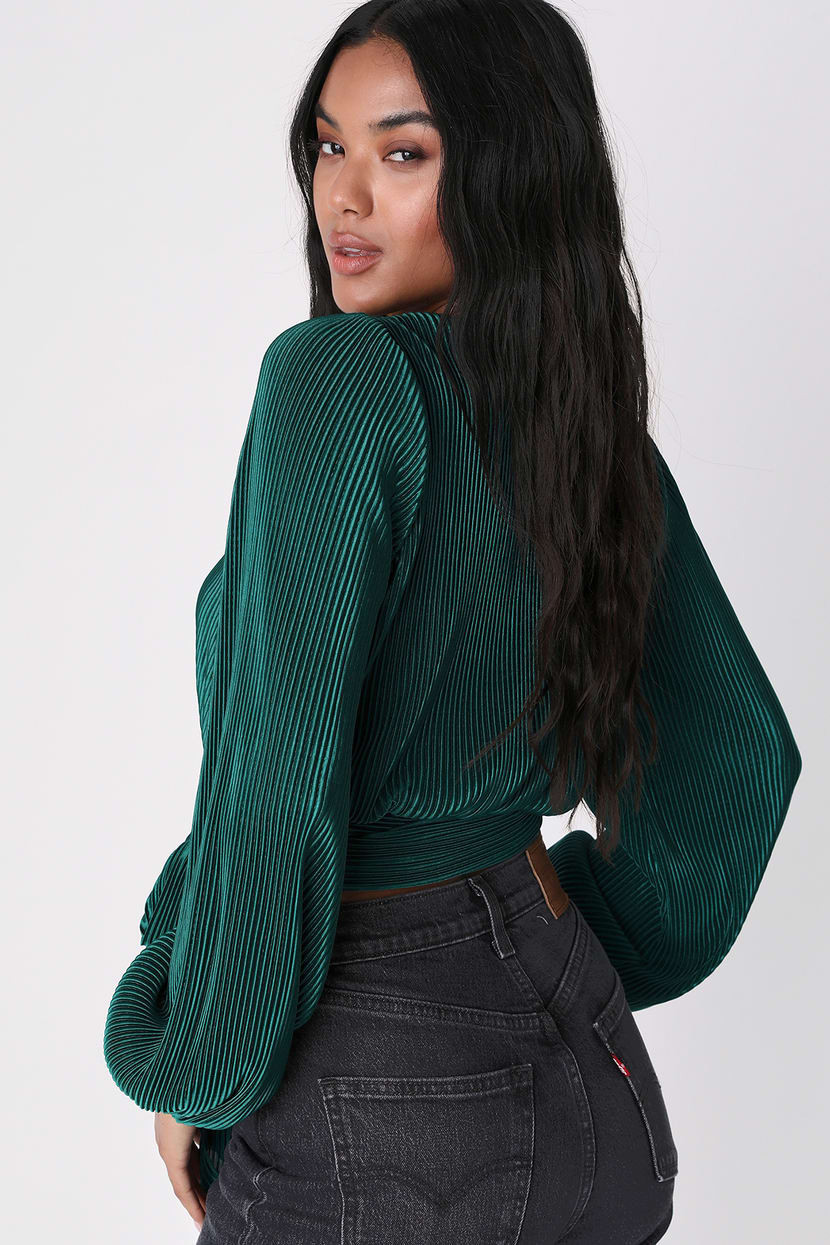 Tie Voltage Emerald Green Plisse Long Sleeve Wrap Top | Green Holiday Top | Green Top Outfit | Lulus (US)