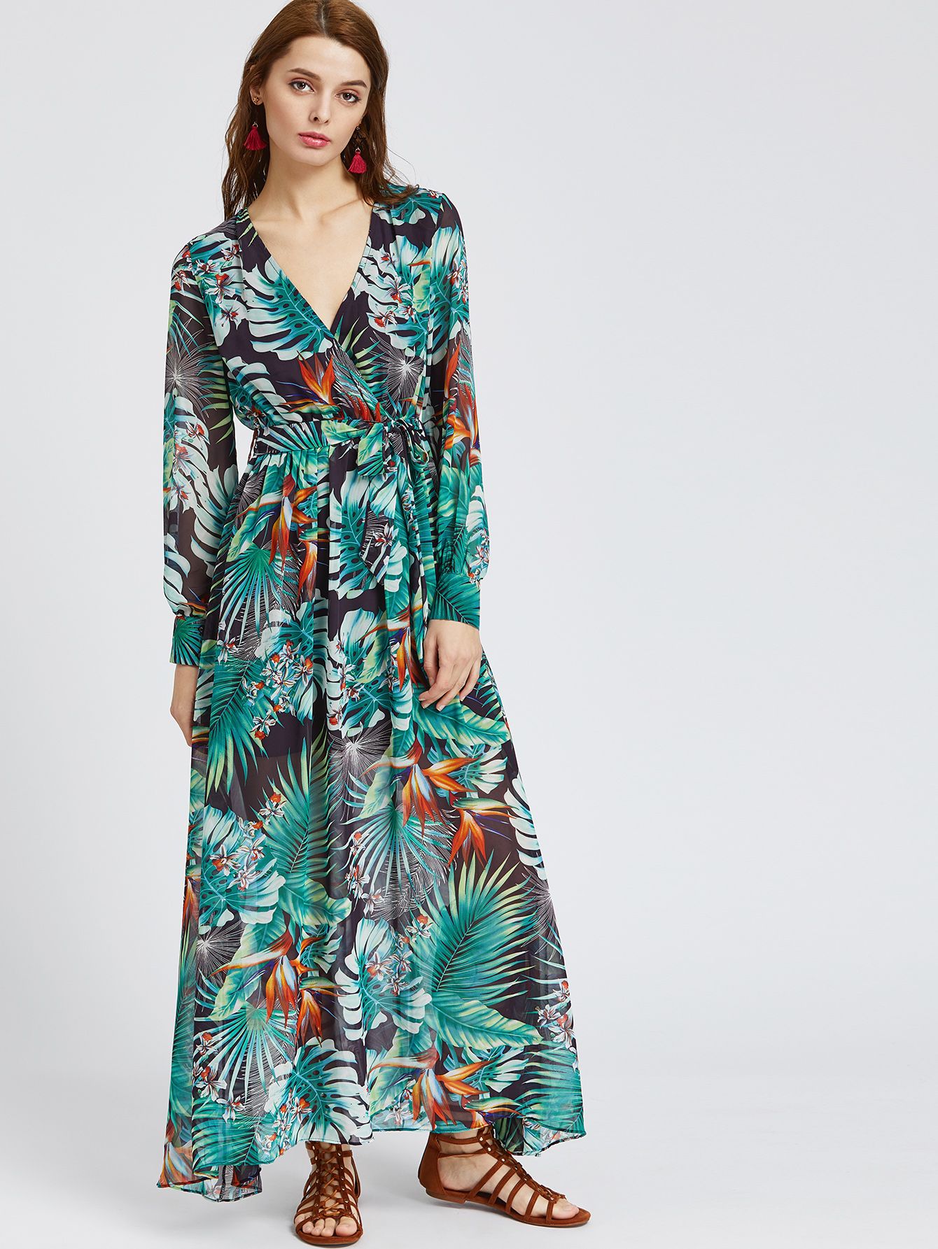 Tropical Print V Neck Chiffon Dress With Belt | SHEIN