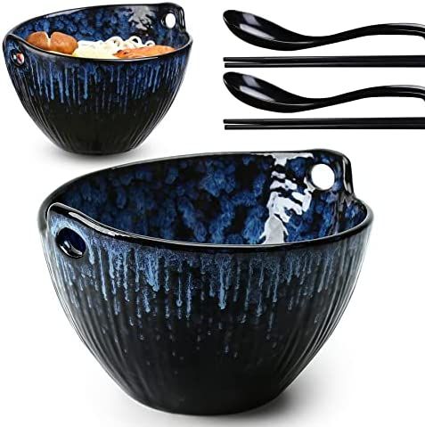 JH JIEMEI HOME Ramen Bowl with Chopsticks and Spoons Set, 7 Inch Ceramic Noodle Bowl Set of 2, Di... | Amazon (US)