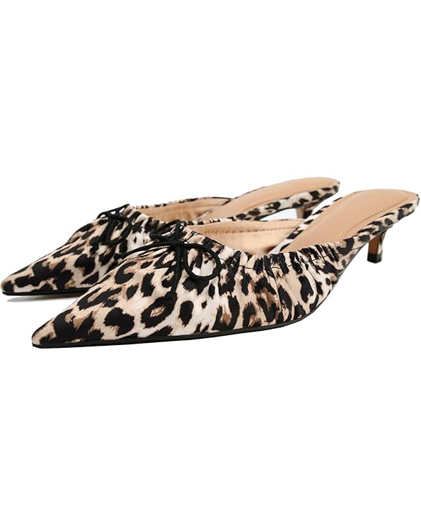 Fashion Kitten Heel Bow Mules for Women Slip On Mules Backless Low Heel Pumps | Amazon (US)