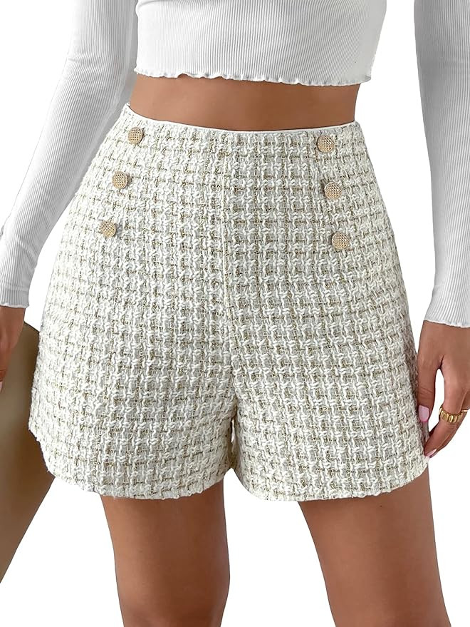 Milumia Women's Elegant Tweed Button Front Elastic High Waist Straight Leg Work Shorts | Amazon (US)