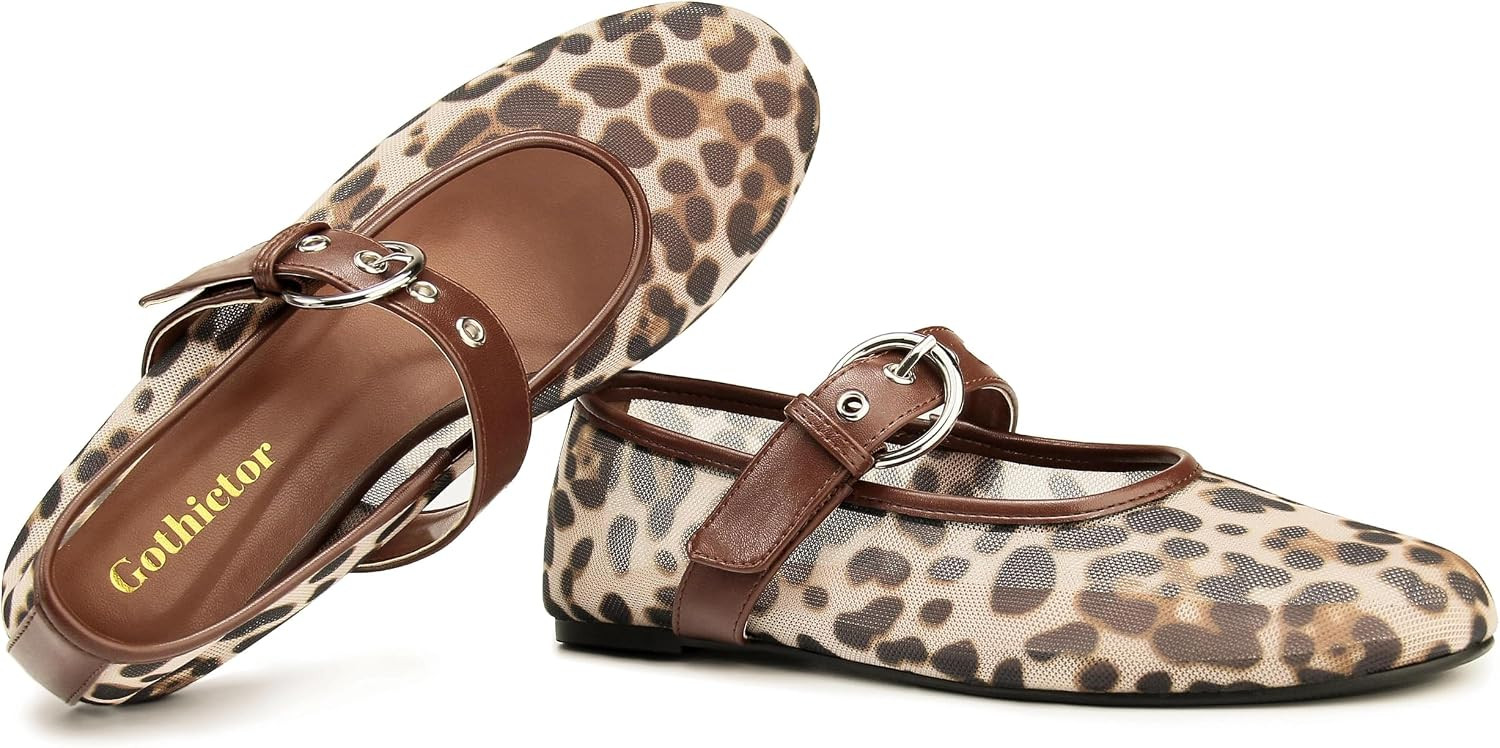 Gothictor Women's Mesh Ballet Flats Round Toe Leopard Mary Jane Shoes Women | Amazon (US)