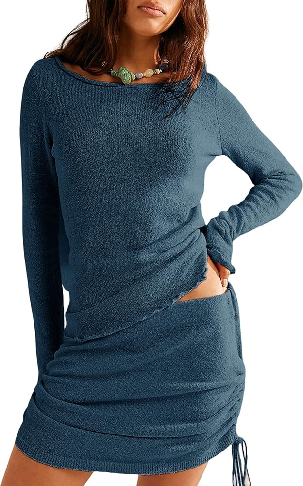 Dqbeng Womens Two Piece Skirt Sets Long Sleeve Pullover Top Side Tie High Waist Skirt Bodycon Min... | Amazon (US)