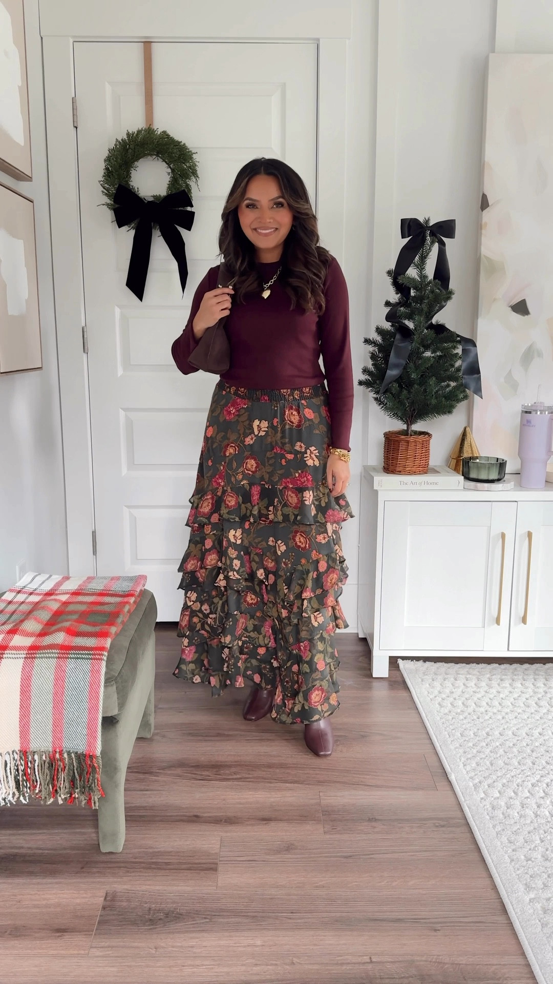 Burgundy top size xs TTS
Green floral skirt size xs TTS
Burgundy boots size 5.5 TTS 

#LTKStyleTip #LTKSaleAlert #LTKCyberWeek