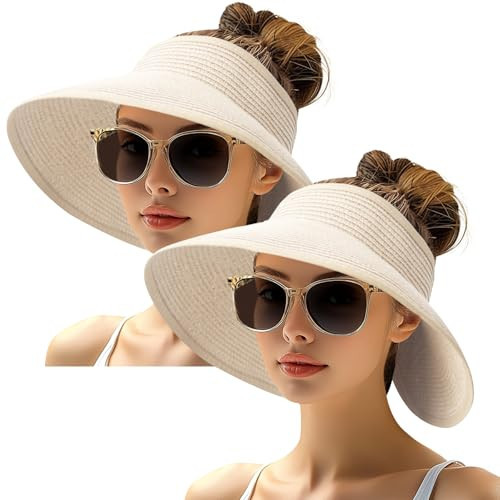 NPQQUAN 2 Packs Sun Hats for Women Wide Brim Beach Straw Hat Foldable Ponytail Visor Hat Beige+Beige | Amazon (US)