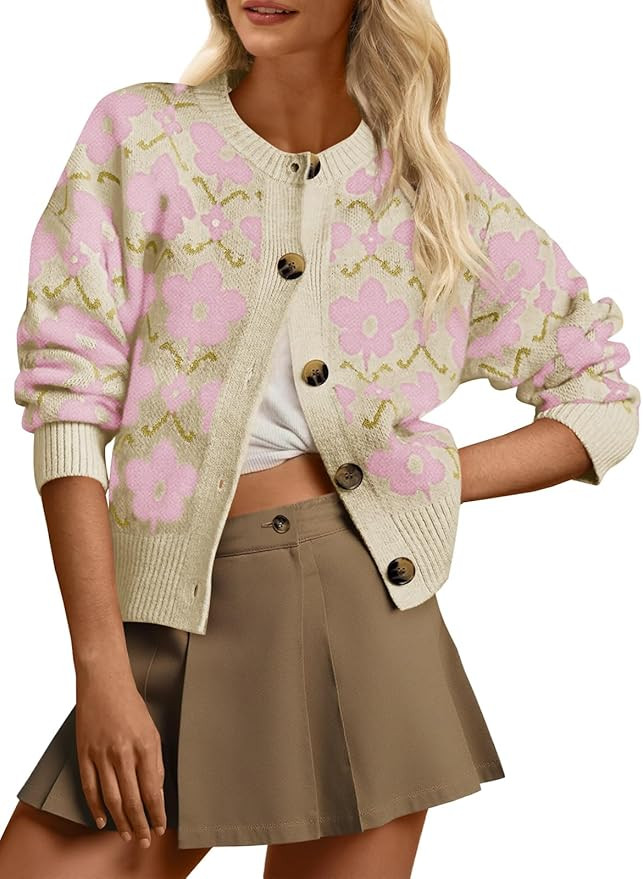 Saodimallsu Womens Floral Cardigan Sweaters Long Sleeve Open Front Button Down Knit Retro Sweater... | Amazon (US)