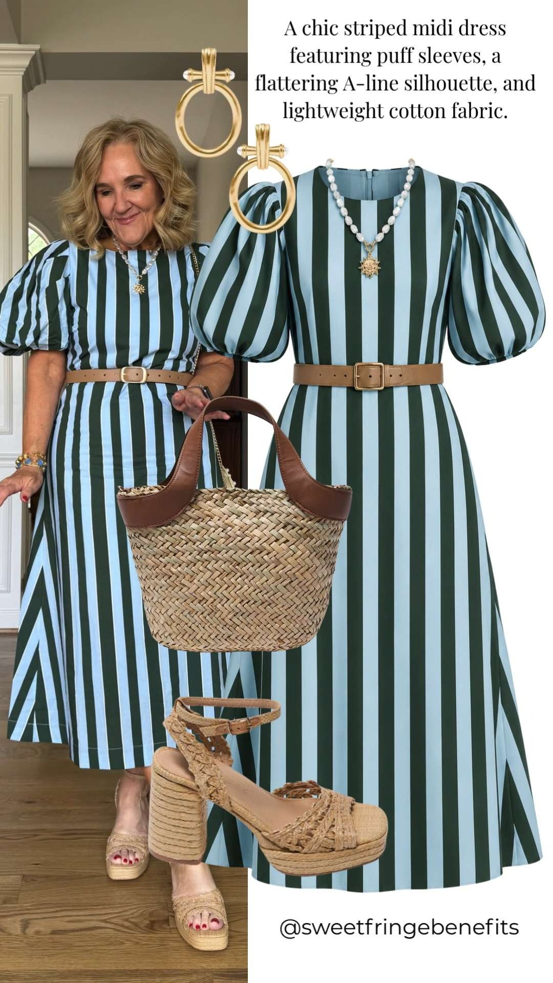 This dress is such a standout!

The sky blue and evergreen stripe combination feels fresh, elevated, and a little unexpected, in the best way. The puff sleeves add just the right amount of drama, while the fitted bodice and A-line skirt create a flattering silhouette that's easy to wear. 🫶🏻 

 #LTKootd #LTKSeasonal #LTKOver40
