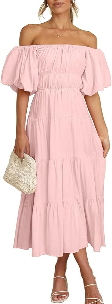 LILLUSORY Off The Shoulder Dresses for Women 2023 Spring Puff Sleeve Smocked Midi Summer Dress Tr... | Amazon (US)