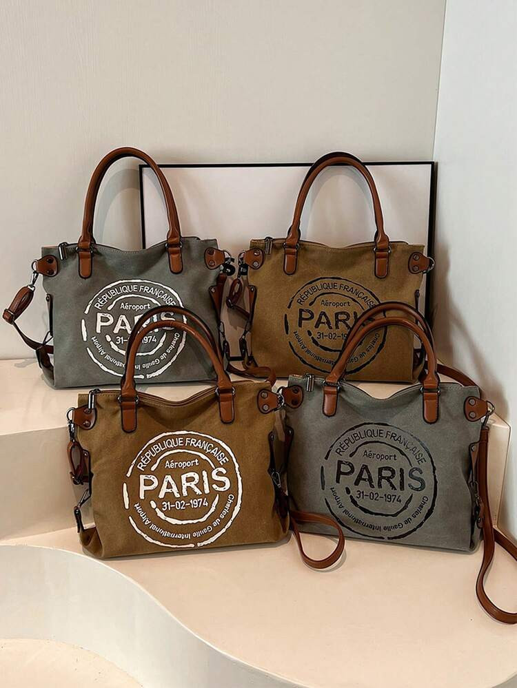 Paris Print Canvas Tote Bag, Fashionable Vintage Style, Casual Shoulder Crossbody Design, Detachable Shoulder Strap, Lightweight, Zipper Closure, Polyester Lining - Perfect For Work And Shopping | SHEIN