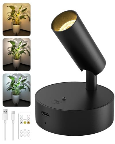GOODEA Spotlights Indoor with Remote, 3000mAh Rechargeable Battery Plant Spotlight Indoor, Wireless Uplighting with 3 Colors & Dimmable, LED Picture Light for Painting, Artwork Accent Lighting(1 Pack) | Amazon (US)