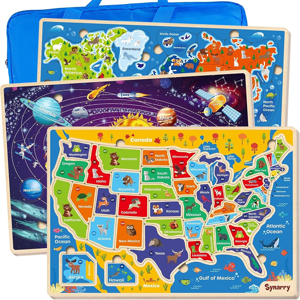 SYNARRY Large USA World Solar System Wooden Puzzles for Kids Ages 4-6, Wood Jigsaw Puzzles Educat... | Amazon (US)