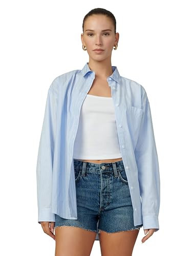 Joe's Jeans Women's The Boyfriend Button Down Long Sleeve Shirt, Blue/White Stripe, Medium | Amazon (US)