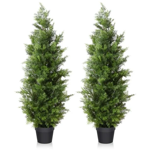 2 Pack 4 ft Outdoor Artificial Topiary Cedar Plants Fake Tree UV Rated Potted Tree for Porch Deco... | Walmart (US)