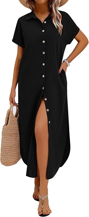 Zeagoo Womens Dresses Casual Summer Short Sleeve Button Down Long Shirt Dresses Swimsuit Beach Co... | Amazon (US)