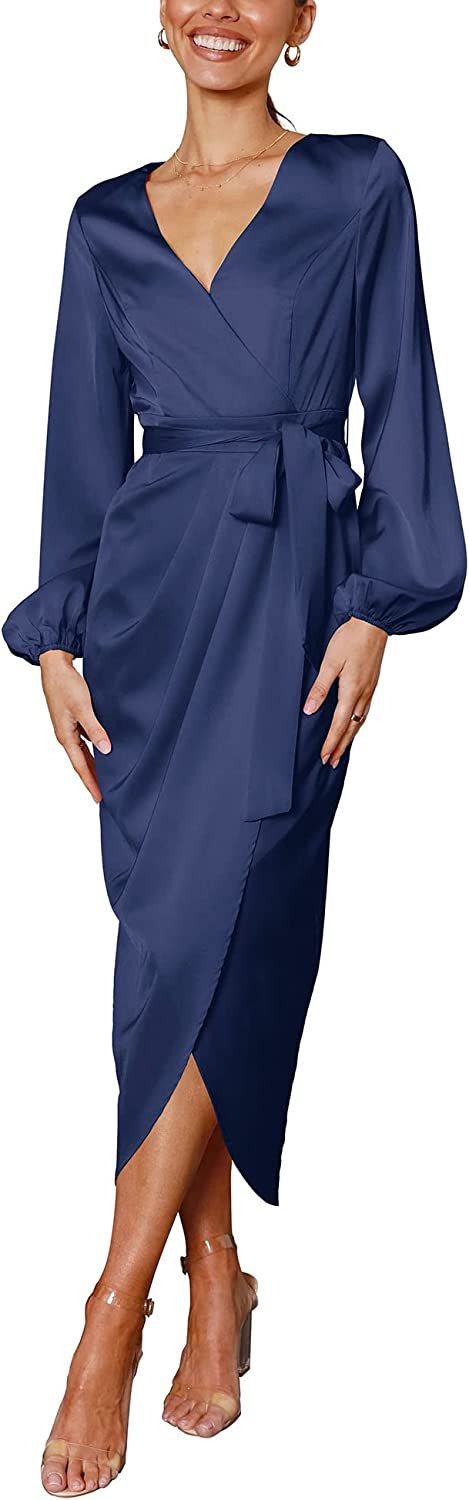Women Satin Dress Deep V-Neck Long Sleeve Tie Waist Split Midi Dresses       Add to Logie | Amazon (US)