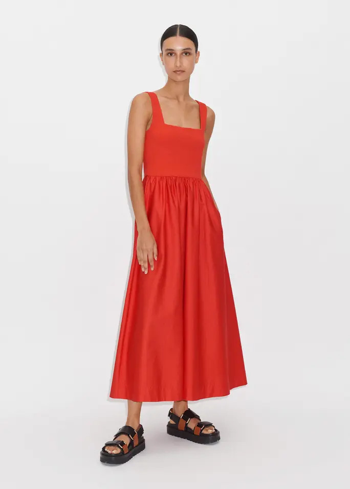 Cotton Rib Mixed-Media Square Neck Dress | ME + EM