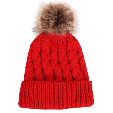Men / Women s Winter Handcraft Knit Faux Fur Pom Beanie Hat Red | Walmart (US)